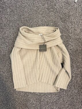 Le Lis Beige Ribbed Off-Shoulder Cowl Sweater